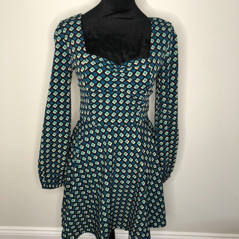 Bandโ of the Free Geometric Print Smocked Square Neck Mini Dress XS Black Teal